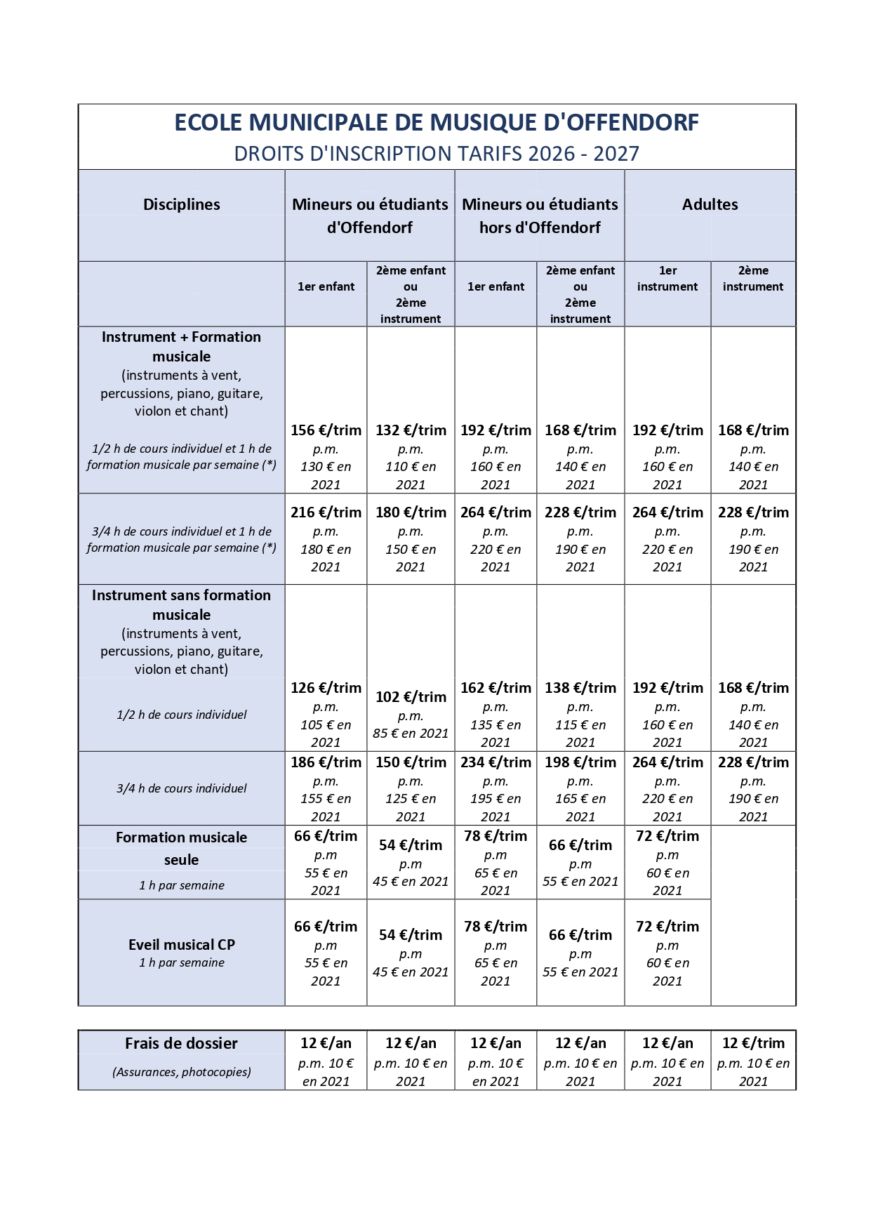 TARIFS 2026 - 2027 TARIFS 2026 - 2027